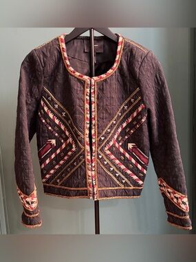 ISABEL MARANT Cropped Embroidered Appliqué Jacket Black Red Sz 40 / 8 US